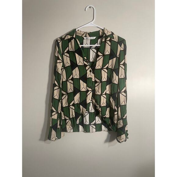 Zara Green Geometric 70s Inspired Print Button Down Cropped Shirt - Picture 1 of 11